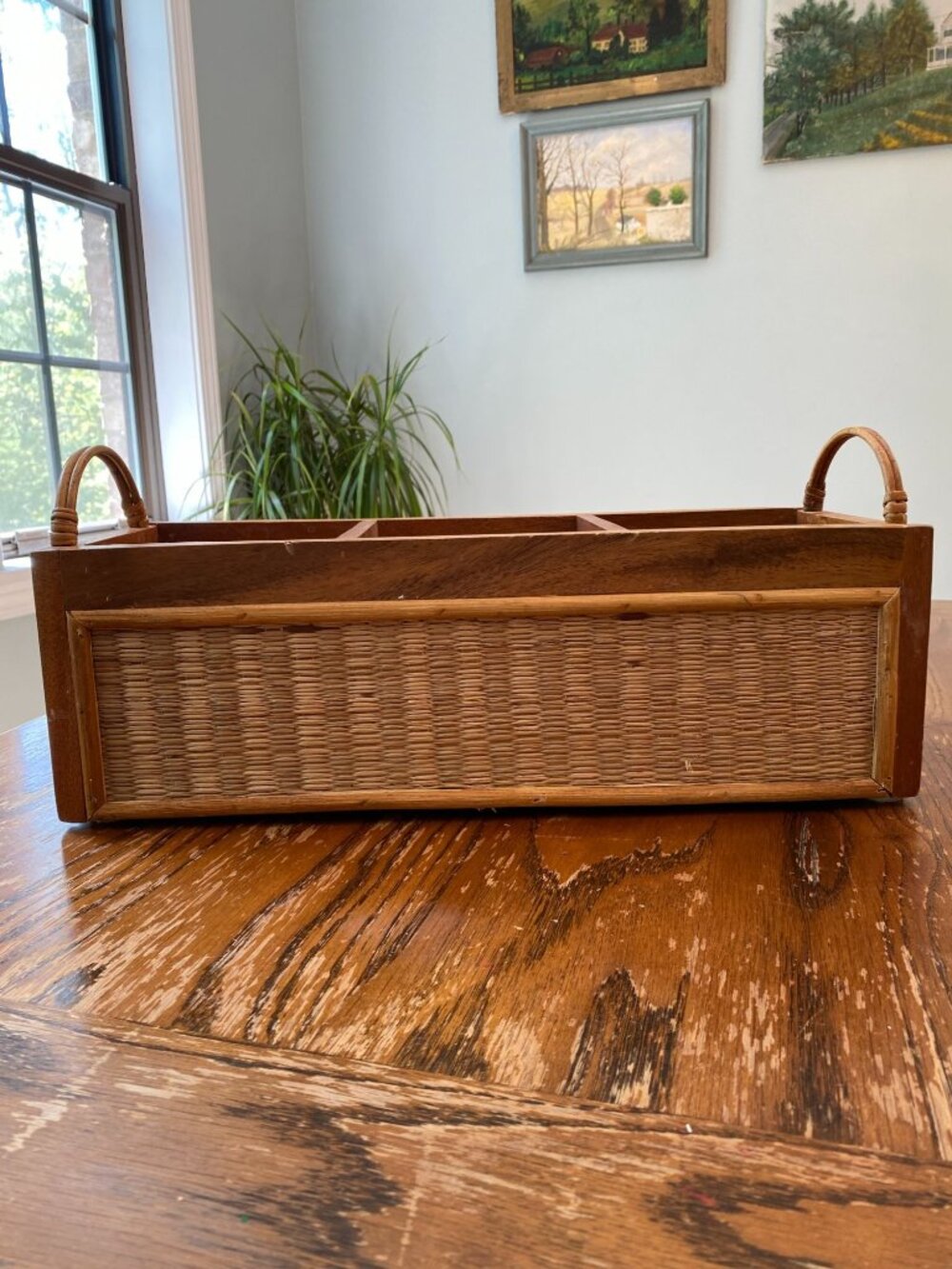 Vintage Wooden Caddy W/ Wicker Paneling & Dividers 2 Handles 17.5” Long Rustic S